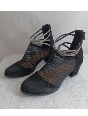 Womens Black Chunky Heel Netted Closed Toe Rhinestone Ankle High Heel Shoes